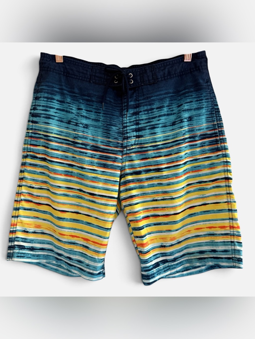 Roundtree & Yorke Navy, Teal, and Yellow Striped Board Shorts